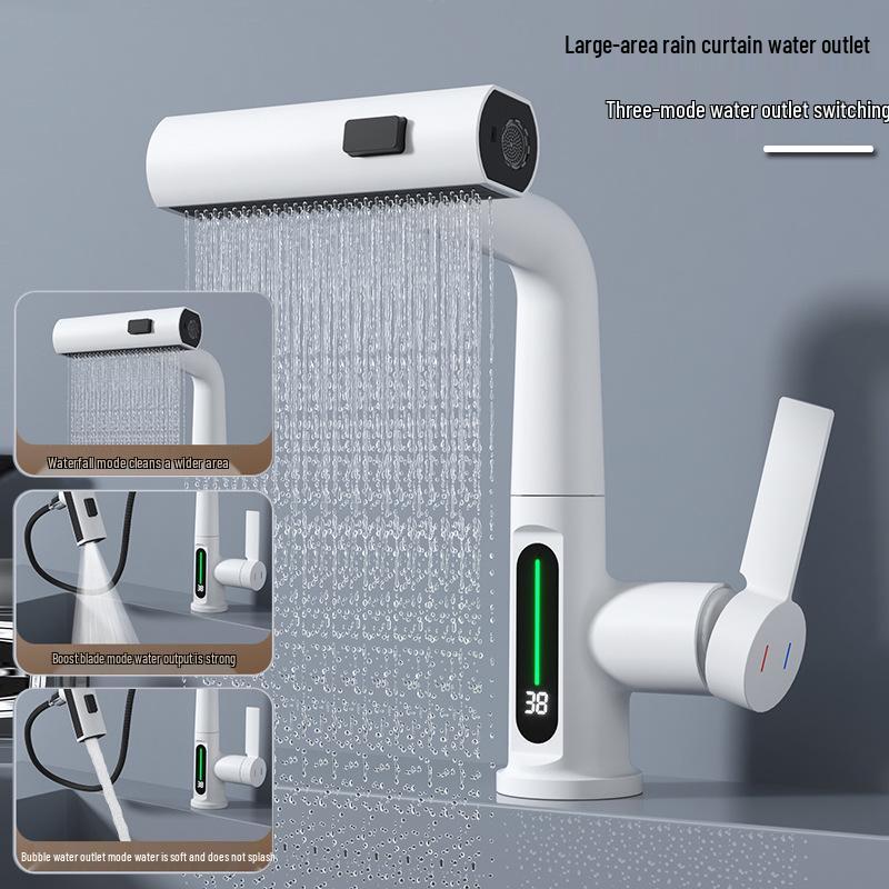 Rotating Brass Countertop Basin Faucet with Digital Display & Aerated Waterfall