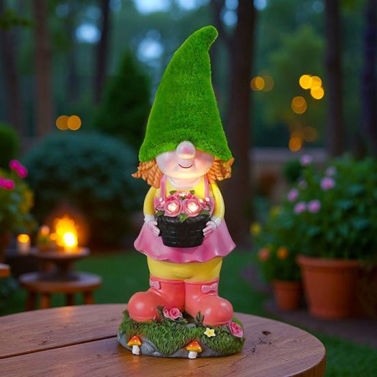 Solar Garden Gnome Statue with LED Light Holding Flower Basket Flocking Hat Dwarf Girl Figurine Sculpture Outdoor Decoration Ornament