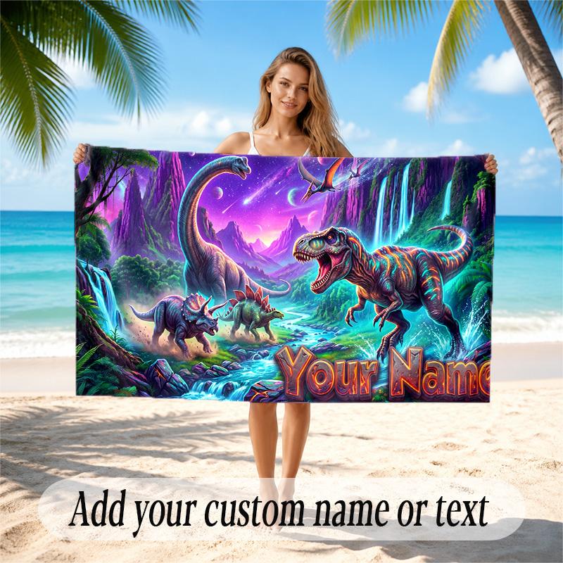 Dinosaur Theme Quick Dry Beach Towel Custom Name Text Print Large Sand Resistant Towel Beach Vacation