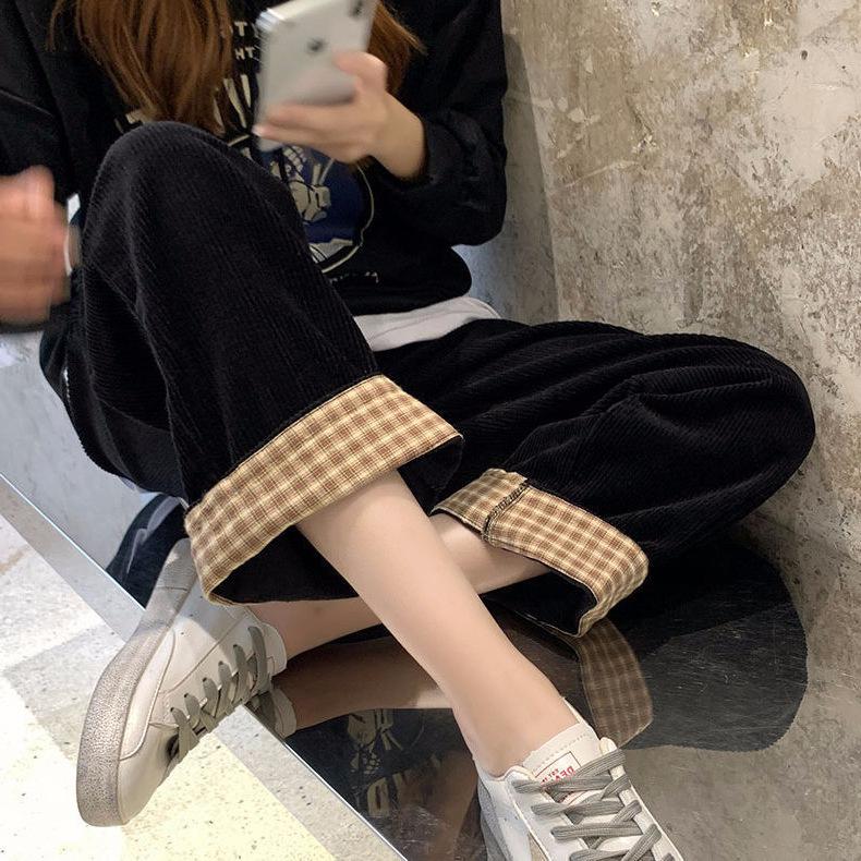 Pantaloni de velur pentru femei Toamna și iarna Stil nou pentru studenți Coreean Larg Talie înaltă Pantaloni cu picior larg Plus Catifea Îngroșați Pantaloni casual