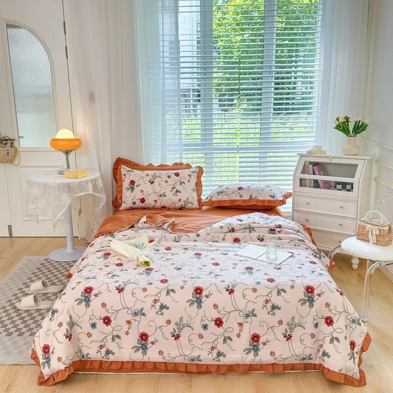 Niedliches Cartoon-Kaninchen Bettwäsche-Set Queen Rosa Tulpenblumen Sommer Dünne Steppdecke Weiche Botanische Blumensteppdecke mit 2 Kissenbezügen
