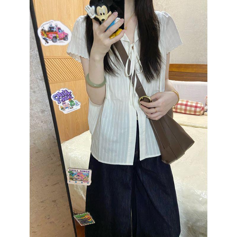 

Kumikumi Design Sense Retro Lace Lace-up Pleat Short sleeve Shirts Women Summer Slimming Versatile Age-Reducing Top Strap Shirt L