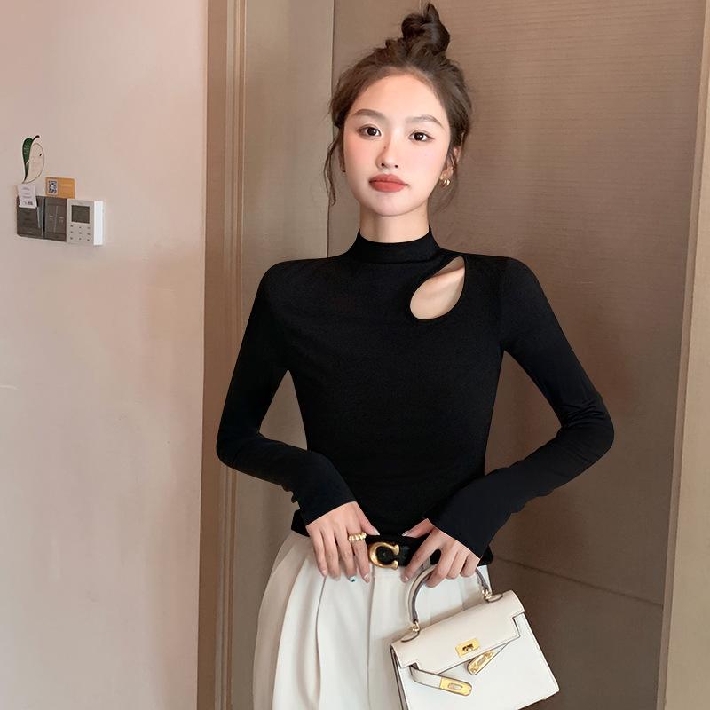 

Водолазка с полувысоким горлом Черная базовая рубашка Осень и Зима Новинка Полая Облегающая с длинным рукавом Внутренний топ XXL чёрный