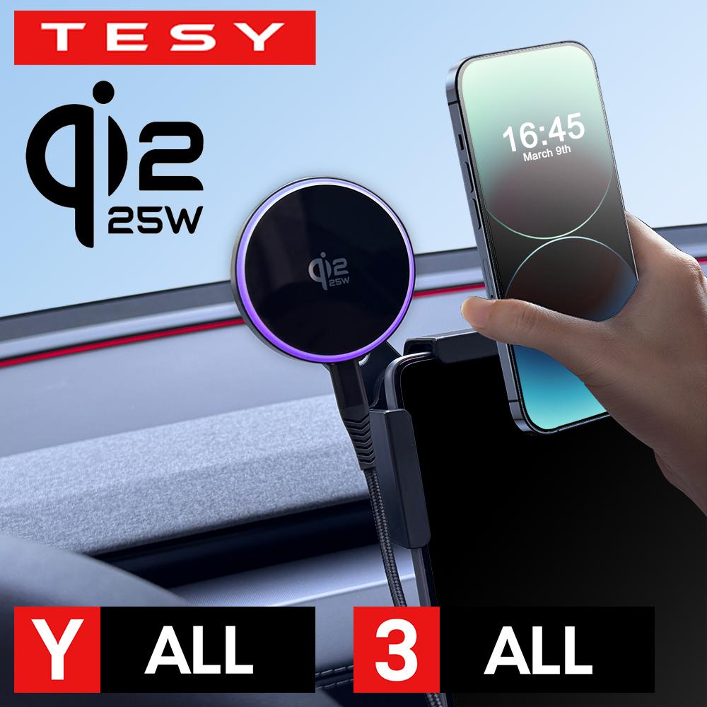 Qi2.2 25W Car Phone Mount Holder Magnetic Wireless Charger Compatible with MagSafe for Tesla Model Y L JUNIPER 3 HIGHLAND 2026