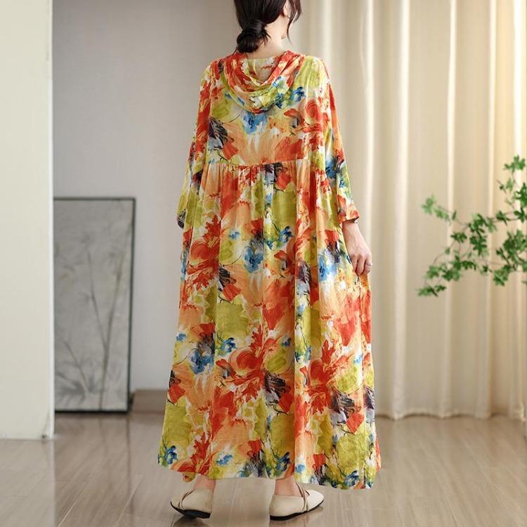 

New Floral Print Plus Size Women Dress Casual Loose Oversize Long Sleeve Long Hat O Neck Design 8099 One Size