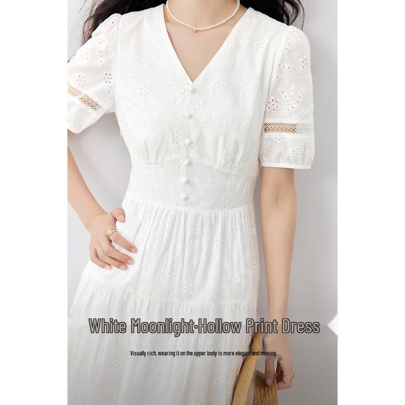 Elegant Cotton V-Neck Puff Sleeve Hollow-Out Midi Dress