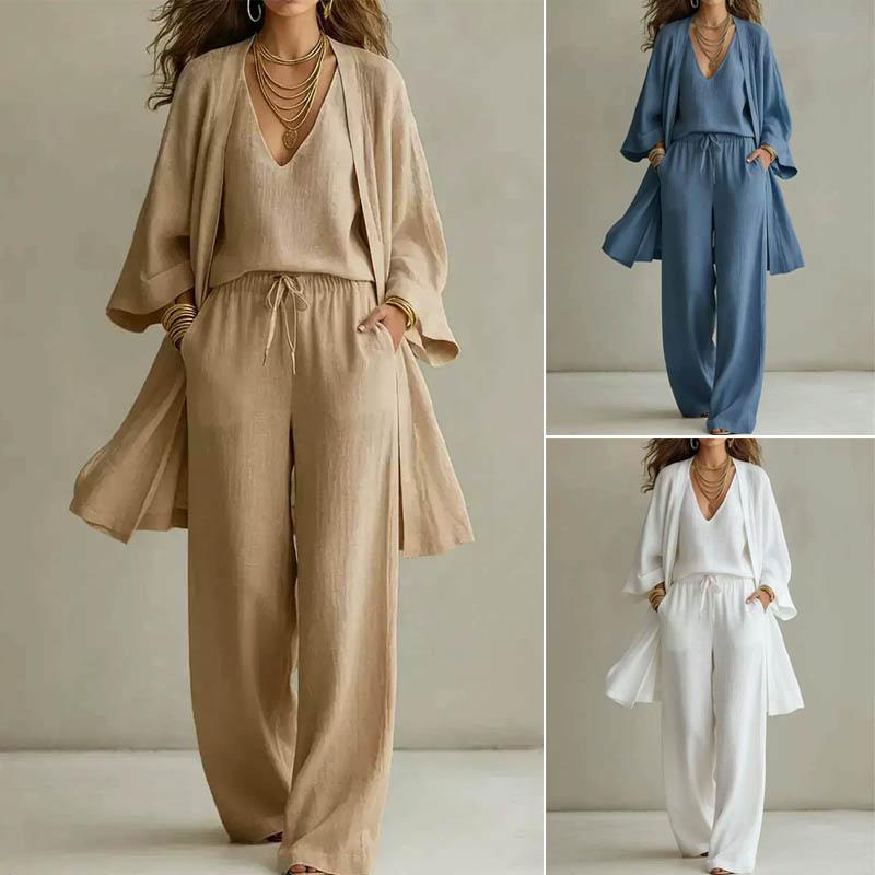 3 stuks/set damesjas vest broek set lange mouw vest O-hals mouwloos vest elastische taille wijde pijpen broek casual losse broekpak herfst lente