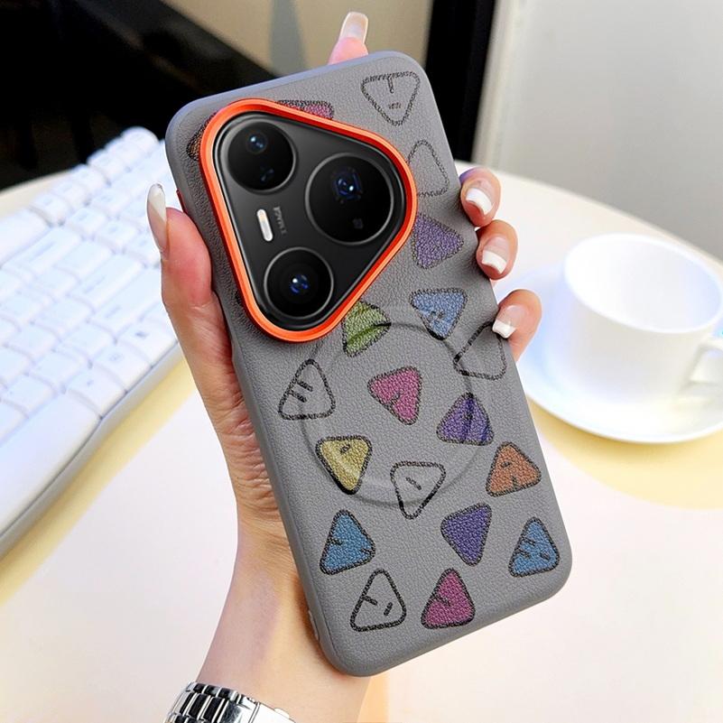 

Чехол для Huawei Pura80 Ultra Pura 80 Pro + 80 Pro Персонализированный цвет Треугольный узор Однотонная кожа Встроенный магнитный чехол For Pura 80 серый