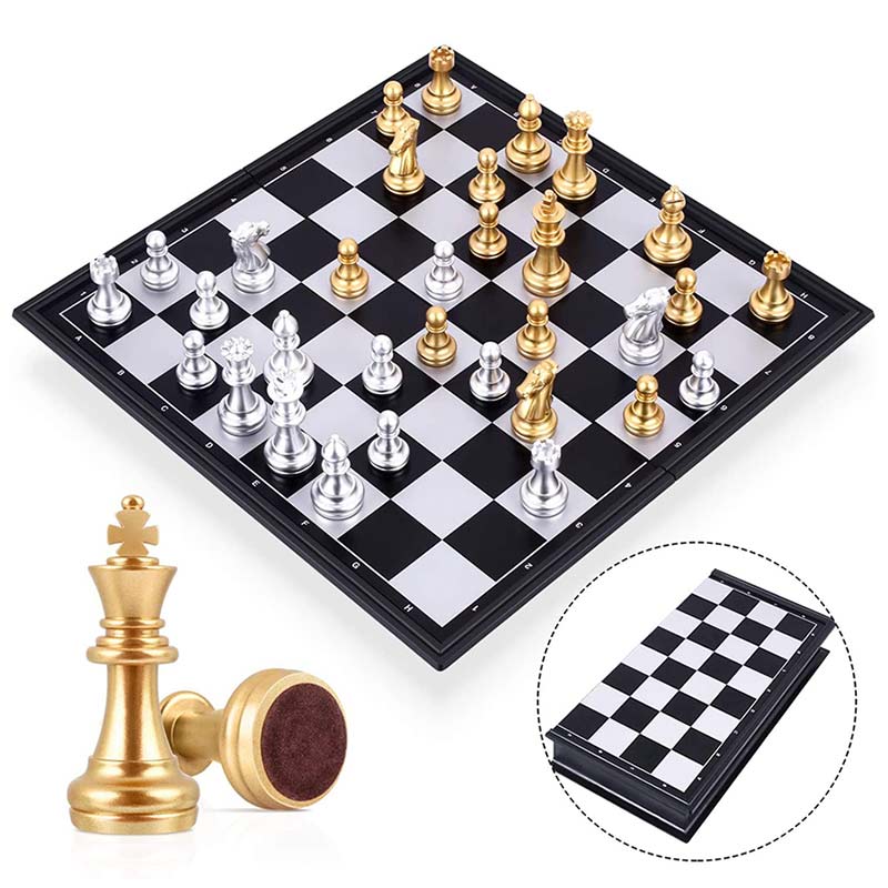 Mittelalterliches Schachspiel mit hochwertigem Schachbrett, 32 goldenen und silbernen Schachfiguren, magnetisches Brettspiel, Schachfiguren-Sets, Szachy Checker