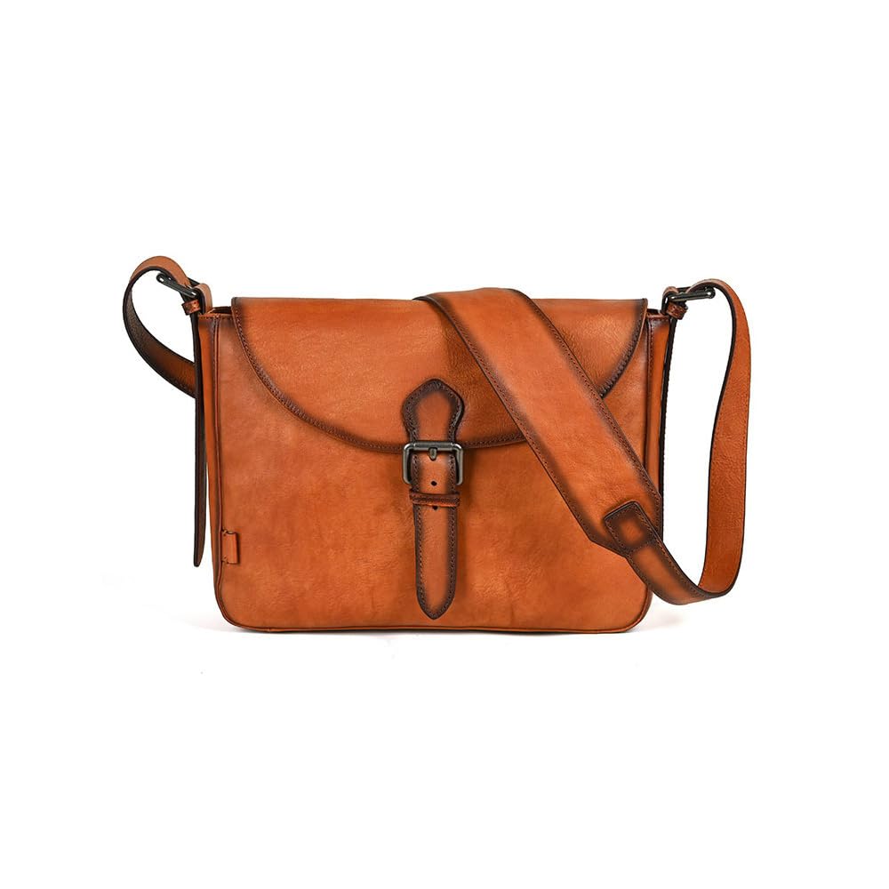 Whatna Antique-Style Tanned Natural Cowhide Leather Shoulder Bag for Men, Crossbody Bag, Chest Bag, Fits iPad 10.5, Genuine Leather, Small Business