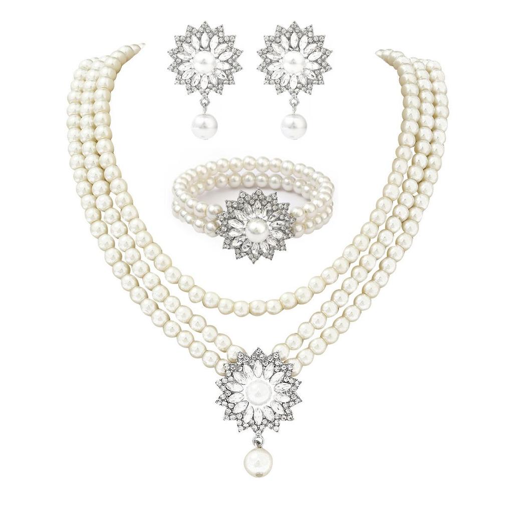 Elegant Imitation Pearl Jewelry Set: Necklace, Earrings & Bracelet for Prom, Party, Vacation, or Bridal Gown.