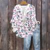 Women's Fashion Button V-Neck Ruffle Seven Sleeve Blouse Floral Printed Top