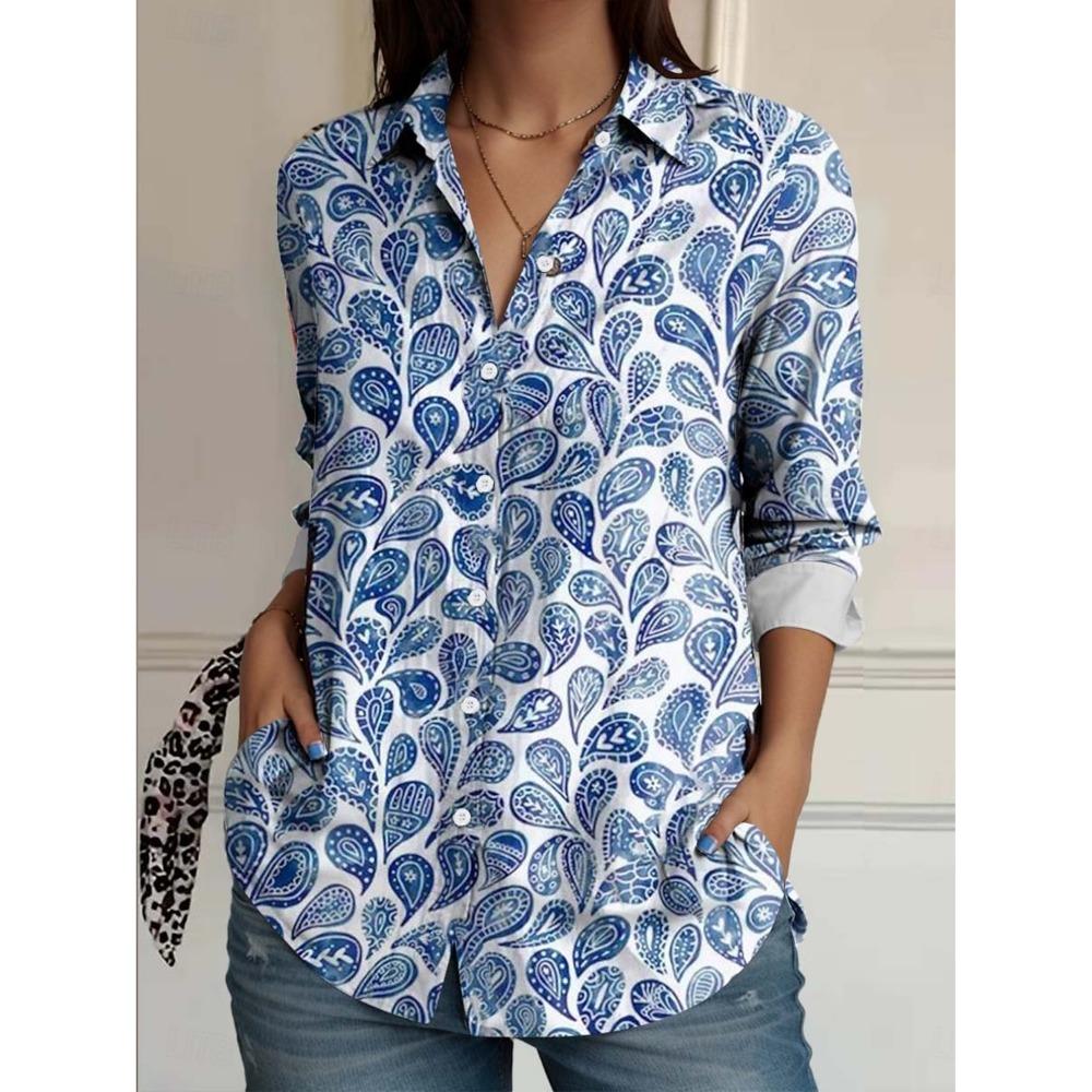 Fashion Women's Casual 3D Flower Prints Blouse Lapel Neck Blouse Women Long Sleeve Shirts Casual Womens Clothing Female Clothing
