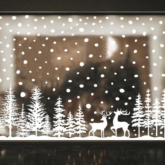 8Pcs Christmas Window Cling Removable Waterproof PVC Snowy Forest Tree Reindeer Static Glass Sticker Winter Holiday Party Decoration Decal