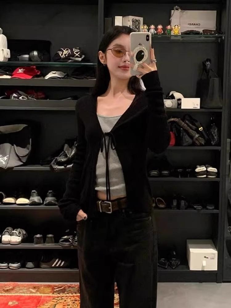 Korean version v-neck front shoulder slim-fitting pinched waist top lace-up knitted cardigan summer sun protection long-sleeved air-conditioning shirt