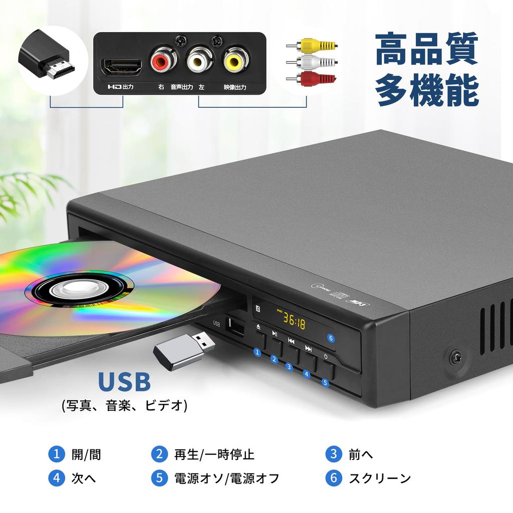 DVD-Player für TV, 1080P, HDMI/AV-Ausgang, Regionsfrei, Hohe CPRM-Kompatibilität, Wiedergabe von terrestrischen Digitalaufnahmen, Wiedergabe mit Speicherfunktion nach Ausschalten, Sup