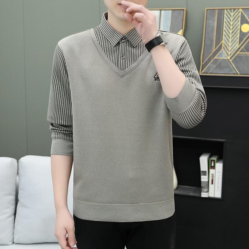 Yalu Herren Faux Zweiteiler Hemdkragen Langarm T-Shirt