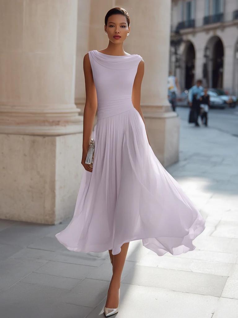 Women's Cowl Neck Sleeveless Maxi Dress Slim Fit Mid Waist Elegant Pleated Solid Color Party Vacation Wedding Guest Dress