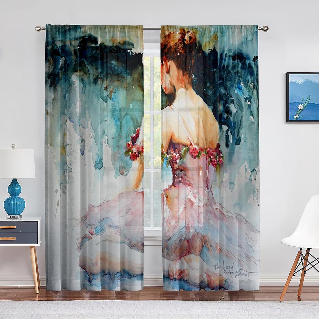 Retro Ballerina Dancing Classic Performance Tulle Curtain for Living Room Decoration Chiffon Sheer Voile Kitchen Bedroom Curtain