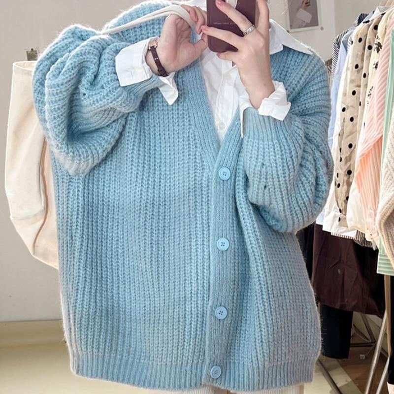 Korean Chunky Knit Sweater Coat College V-neck Long-sleeve Knitted Cardigan Solid Color Casual Temperament Loose Shawl Outerwear