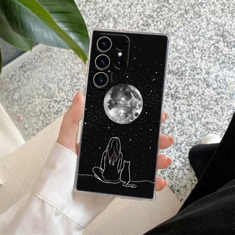 Funny Cute Cat Line Art Clear Case For Samsung Galaxy S26 S25 S24 S23 Ultra S20 S21 FE S22 Plus S26 Ultra S25FE Soft Phone Cover