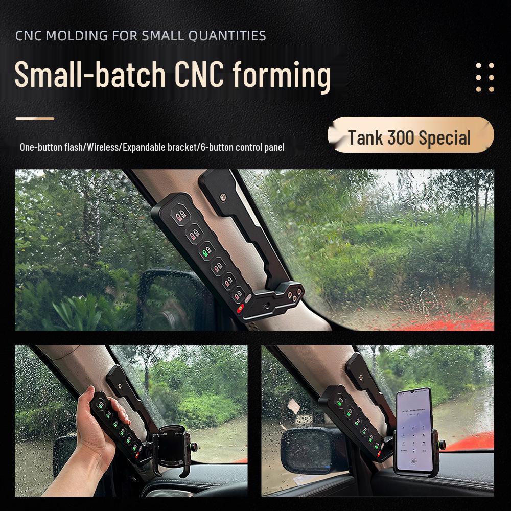 Tank 300 Off-Road Mod: A-Pillar Grab Handle with High-Power LED Spotlight, Wireless Strobe, and Remote Control.