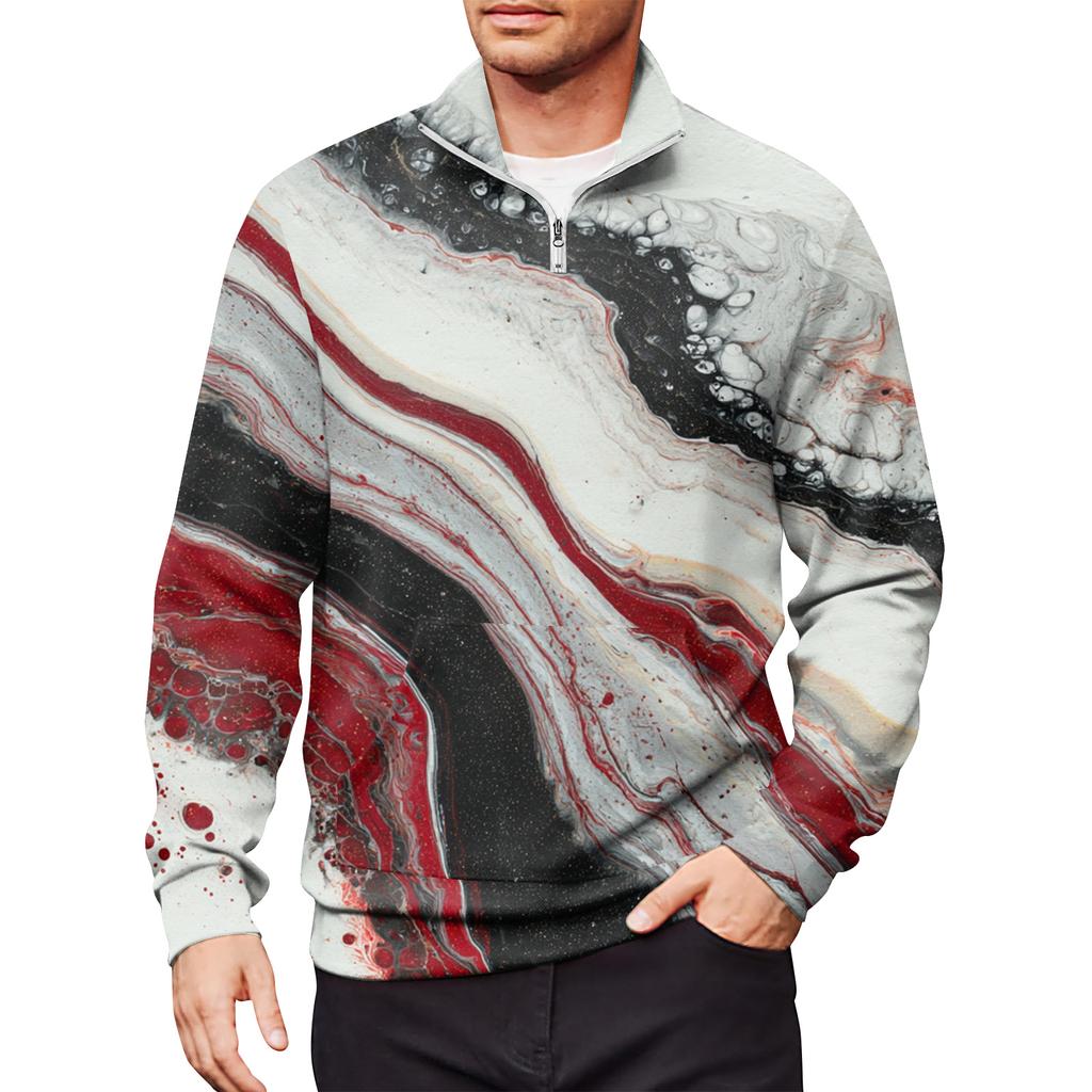 Men's Loose Casual 1/4 Zip Sweatshirt Fashion Printed Long Sleeve Top With Pockets