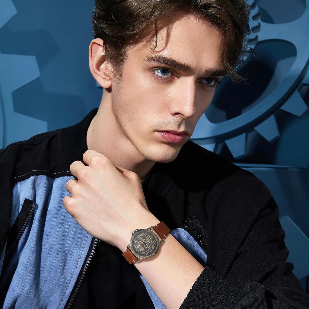 Men's Punk Skull Watch with Genuine Leather Strap: Skeleton Skull Antique Leather Watch with Waterproof Analog Quartz Movement, Gothic Accessory -