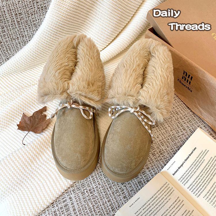 

Woven thick-soled snow boots, genuine leather and real hair 2025 autumn and winter new straps, tether, two-wear cotton shoes, heightening medium boots 39