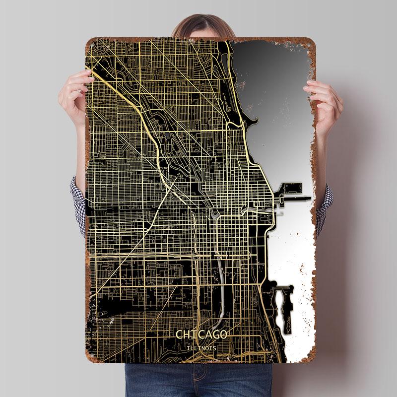 Chicago City Map Tinplate Poster Customized Wall Art Vintage Retro Metal Signs for Interior Decoration Living Room Decor Men