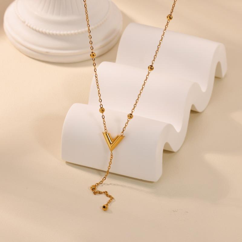 Simple Bead Chain Stainless Steel Pendant Necklace Women's K Gold Plated Niche Exquisite Non-fading Collarbone Chain