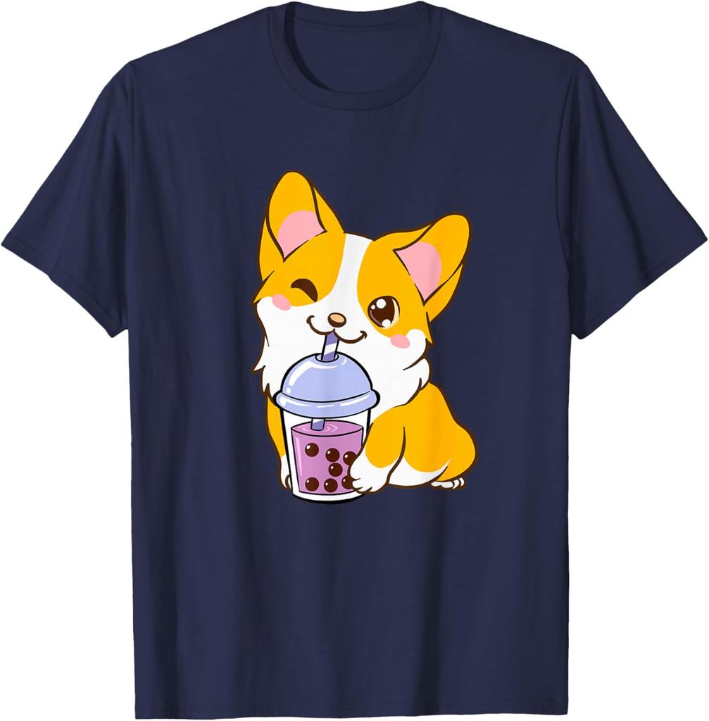 Kawaii Corgi Drinking Boba Tea Cute Dog Lover Graphic Tee Casual Short Sleeve T-Shirt