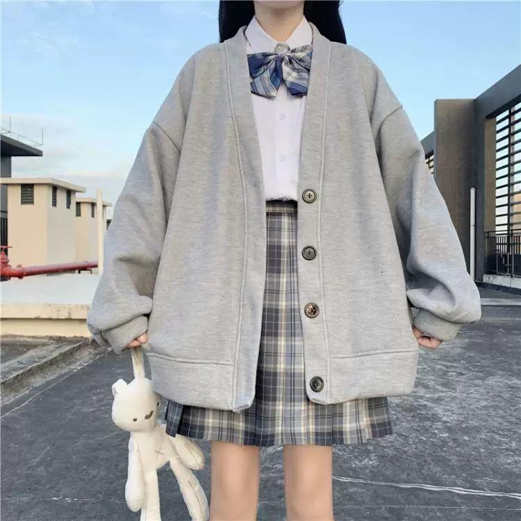 Japanese Fashion College Loose V-neck Cardigan New Sweater Female Outer Wear Sweater Coat Japanese School Uniform
