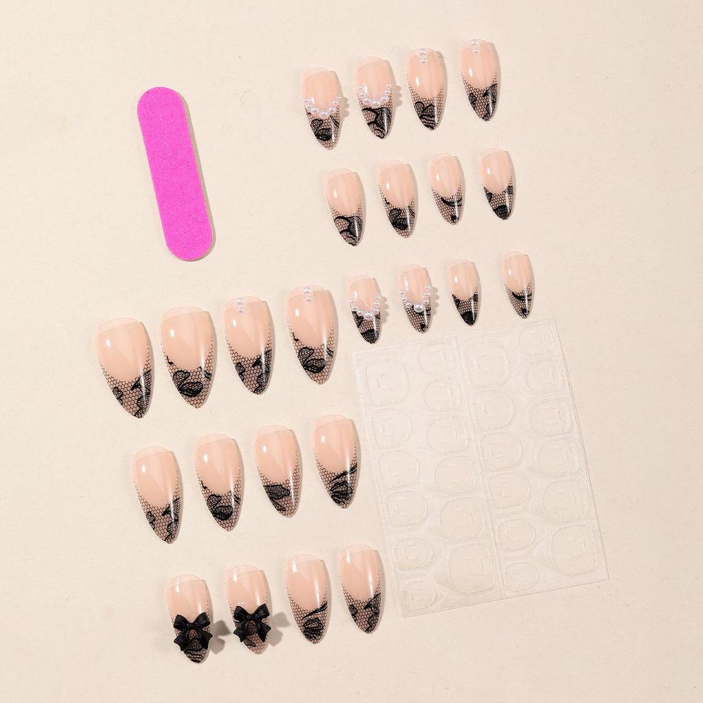 Wearable Almond-Shaped Black Lace French Edge False Nails with Pearl Bow Accents