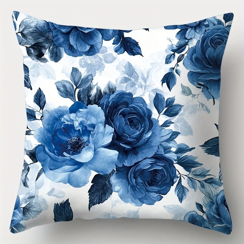 Blue Flower Decorative Pillowcase, Ultra-soft Polyester Material Living Room Sofa Back Car Pillowcase Home Decoration