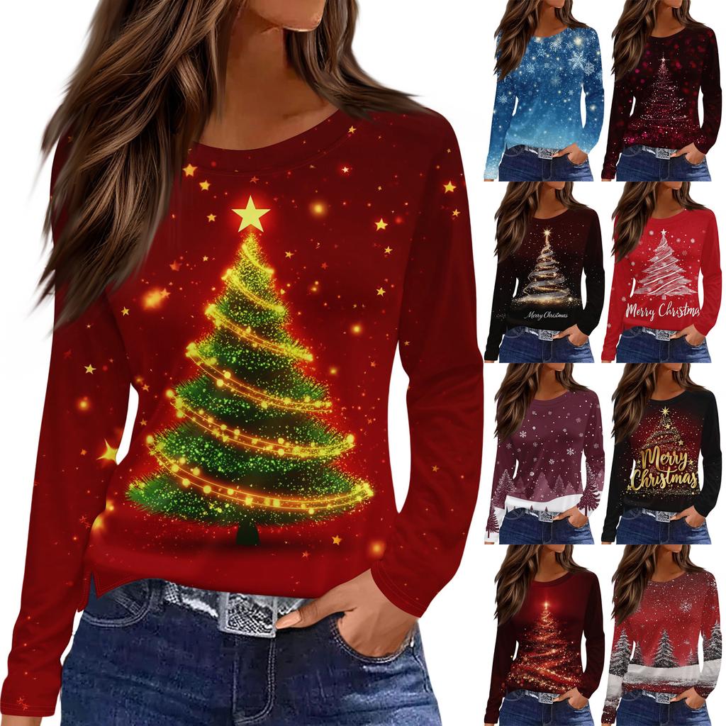 Women's Fashion Casual Slit Hem Round Neck Long Sleeve Loose Christmas Printed T-Shirt Ladies Top