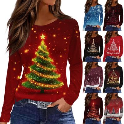 Women's Fashion Casual Slit Hem Round Neck Long Sleeve Loose Christmas Printed T-Shirt Ladies Top