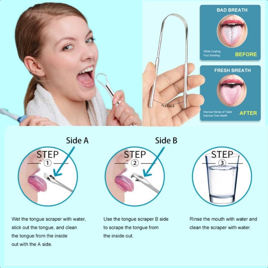 

Adult tongue scraper with hanging tongue blades equipped with a white travel box and 100% stainless steel. Tongue brush is conv United States