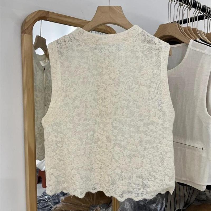 Summer new sweet lace hollow sleeveless vest women's single-breasted loose temperament waistcoat cardigan top