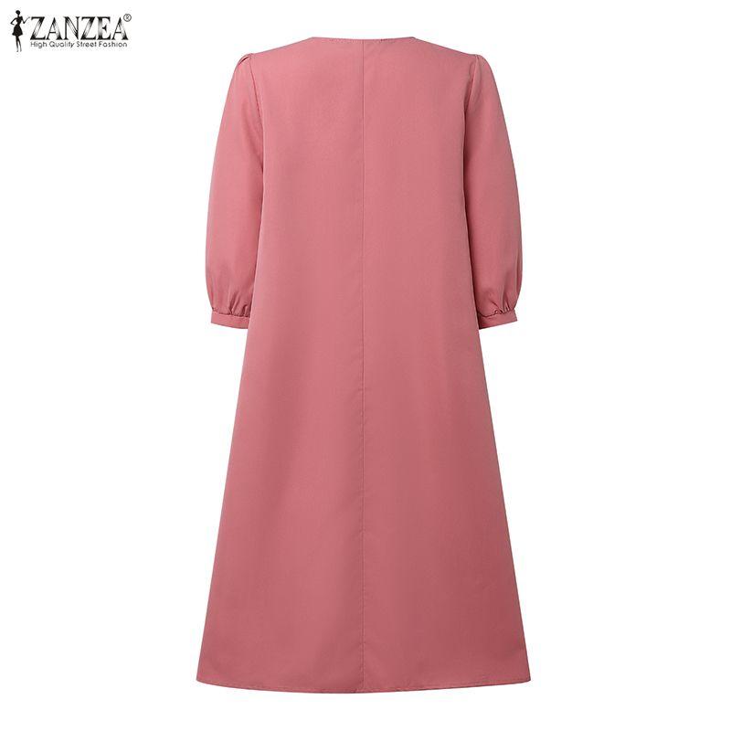 ZANZEA Women Casual V-Neck Solid Color 3/4 Sleeve Loose Dress