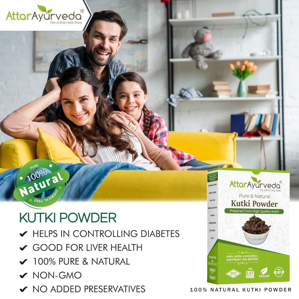 Attar Ayurveda Kutki Prášek 100 g Přírodní Bylinný Wellness Prášek Tradiční Ajurvédský Kořenový Prášek pro Denní Použití