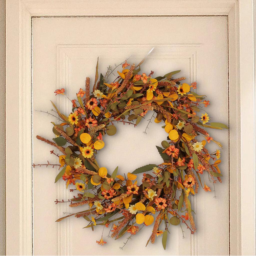 Fall Wreath for Front Door Artificial Farmhouse Autumn   Wreath with Wildflower for Indoor Outdoor Holiday Decor