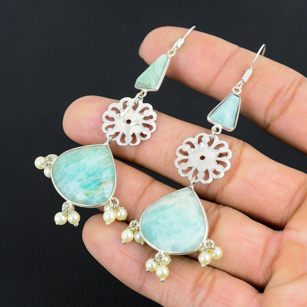 Halloween Deal Pear Amazonite Stone Sterling Silver Sister Hook Drop Earrings