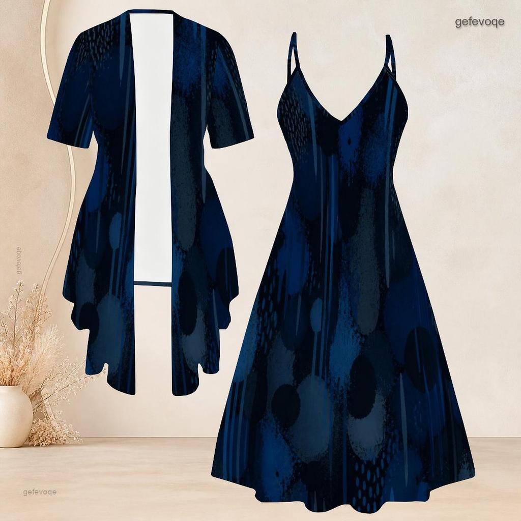 Women Plus Size Two Piece Set Short Sleeve Draped Cardigan Strappy V Neck Flared Printed Dress Dark Blue Gold