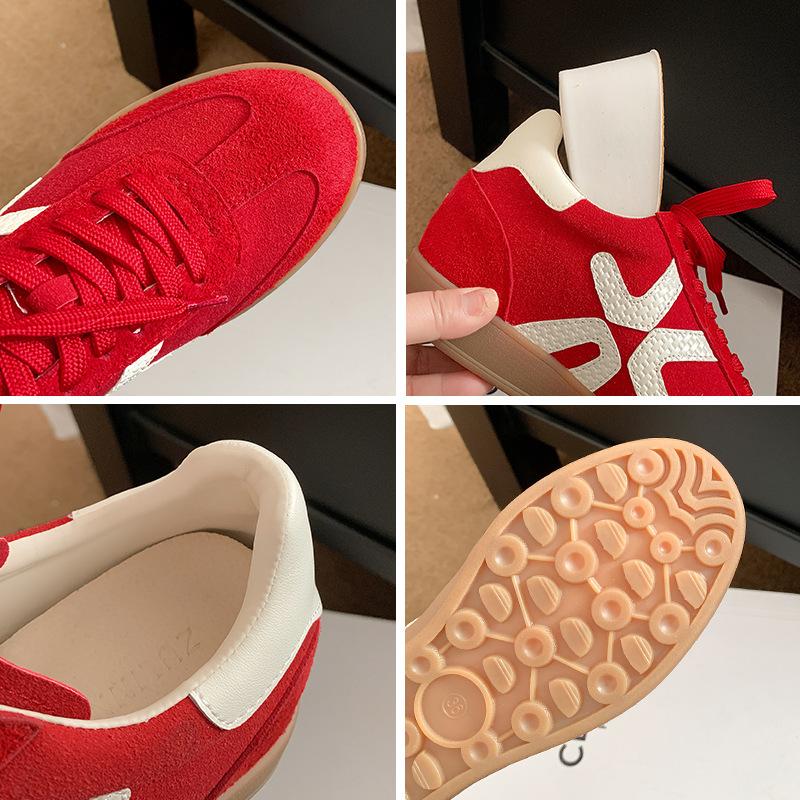 Rote Dexun Schuhe Damen Neu Leder Klassisch Nische Mode Vielseitig Freizeit Weichsohle Sport Damen Schuhe