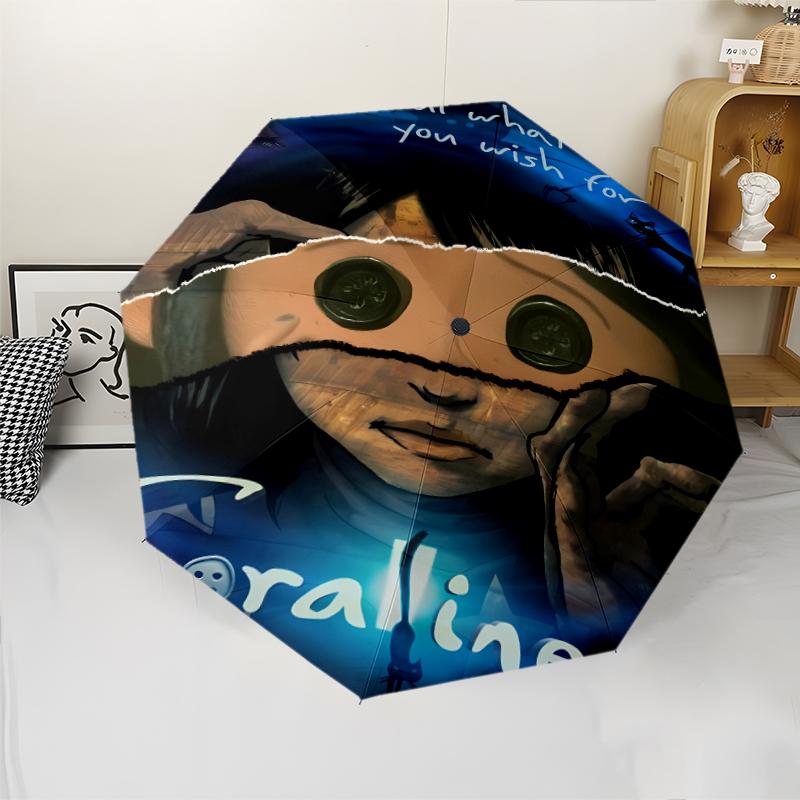 Coraline Print Automatic Umbrella, 8 Rib Iron Frame, Plastic Handle, Suitable for Outdoor Travel &Daily , Ideal Gift