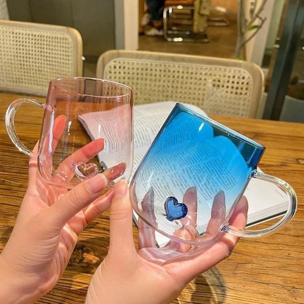 New Transparent Gradient Glass Cup 400mL 3D Love Heart Glass Coffee Mug Large Capacity Couple Pair Cup Home Accessories
