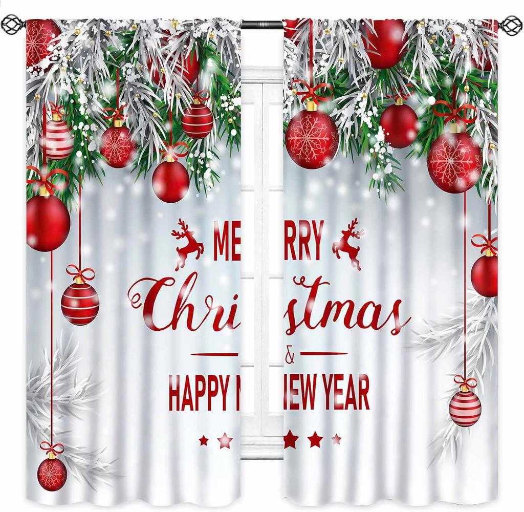 Christmas Curtain Funny Anta Claus Riding Sleigh Delivering Present Ball Winter Print Drapes Bedroom Party Decor For Made Of Polyester