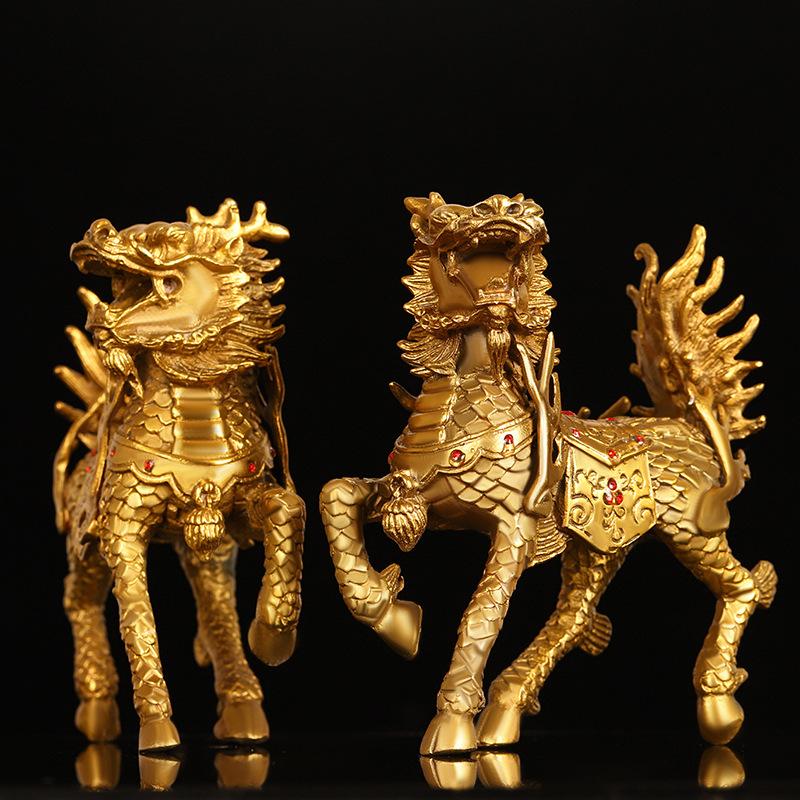 Fire Ornament Full Copper Male and Female Pair Crystal Kirin Home Entrance Office Small Decorative Divine Beast Auspicious