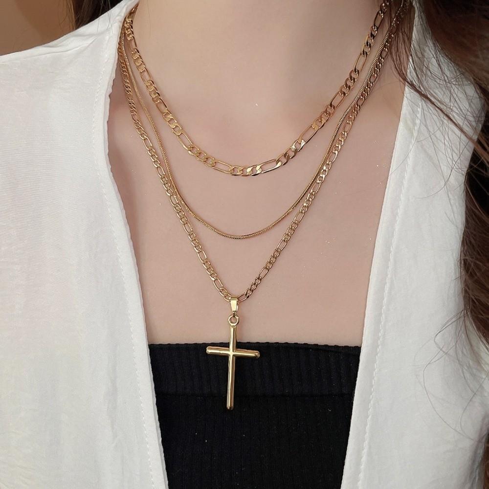 Sweater Chains Cross Necklace Cross Metal Clavicle Chain Fashion Double Layer Choker  Women Gifts